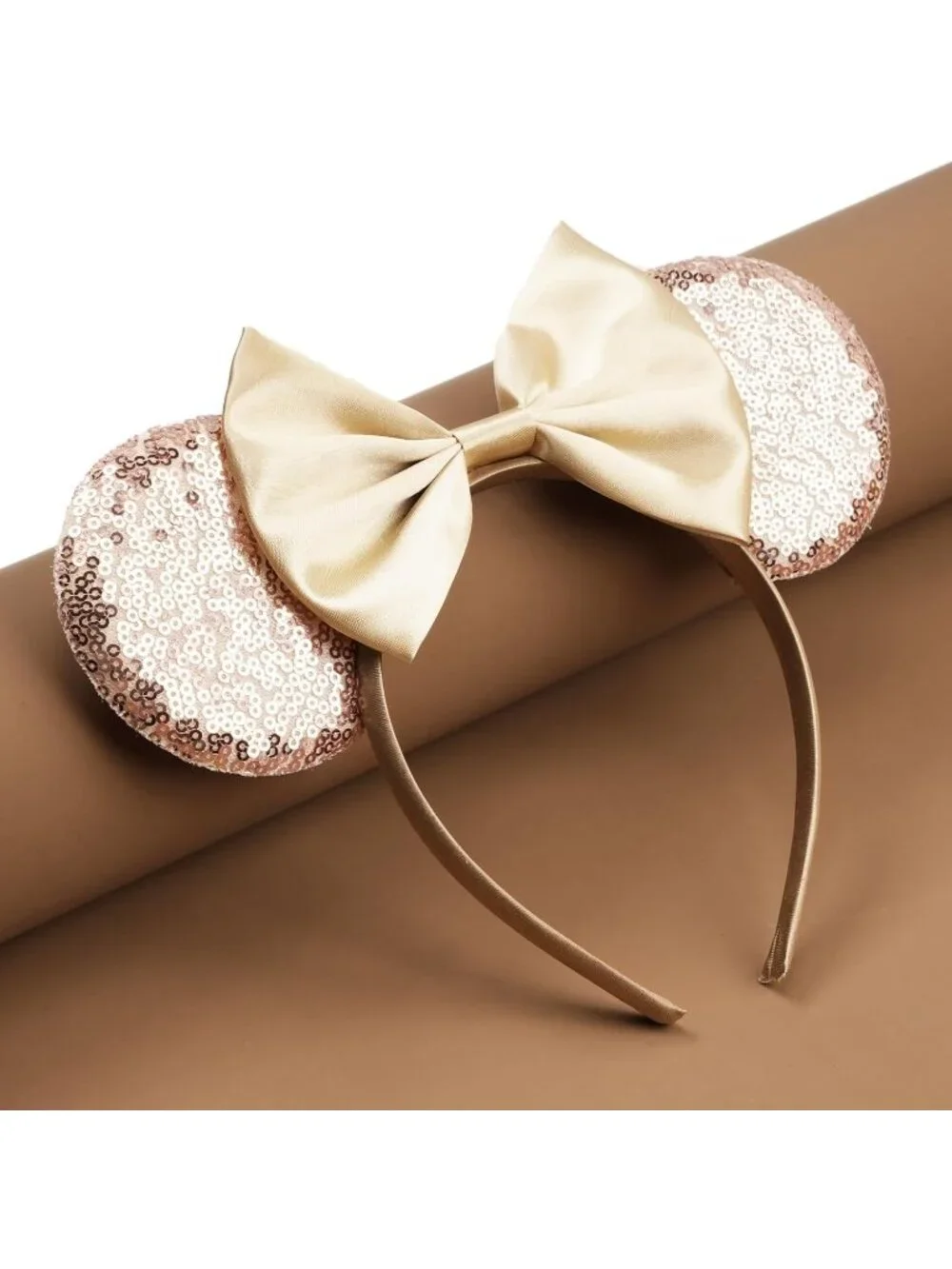 Women Cream Polyester Sparkle Sequins Mickey Mouse Hair Bow Handmade Headband